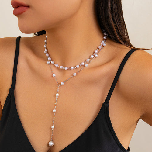 Fashionable pearl beaded multi-layer clavicle necklace